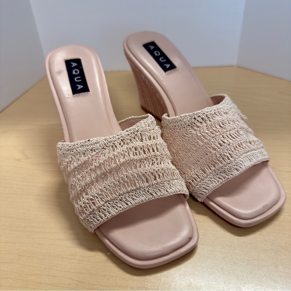 Aqua Areli Blush Pink Woven Slide Wedge Sandal with Jute Heel - Size 7.5